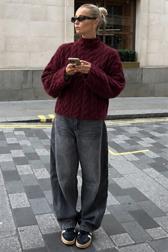 Bordo Balıkçı Yaka Örme Triko Kazak MG2172