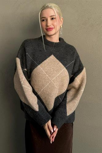 Antrasit Baklava Desenli Bisiklet Yaka Triko Kadın Kazak MG2644