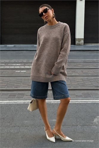Vizon Bisiklet Yaka Oversize Uzun Kadın Triko Kazak MG2890