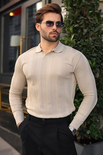 Taş Rengi Regular Fit Polo Yaka Triko Erkek Kazak E7509