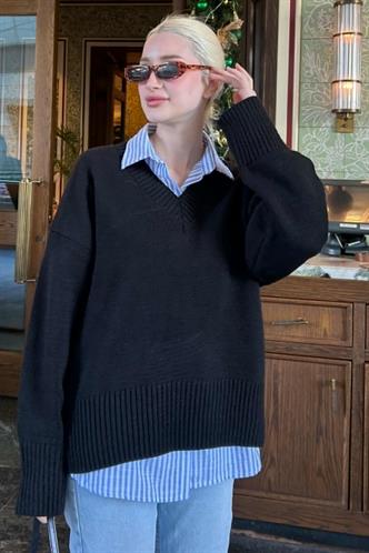 Siyah V Yaka Oversize Kadın Triko Kazak MG2149