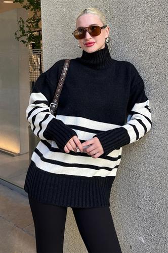 Siyah Oversize Balıkçı Yaka Çizgili Kazak MG2168