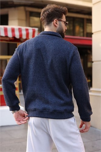 Lacivert Polo Yaka Yarım Fermuarlı Örme Erkek Kazak E7201