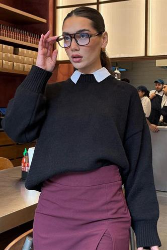 Siyah Bisiklet Yaka Oversize Triko Kazak MG1972