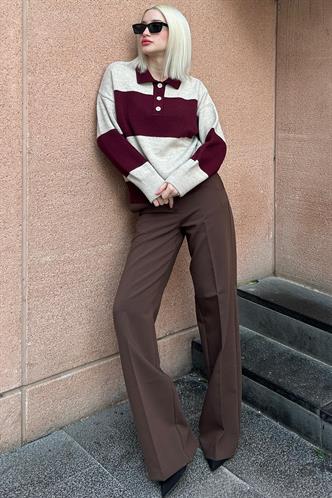 Bordo Düğmeli Polo Yaka Çizgili Kadın Kazak Mg2286