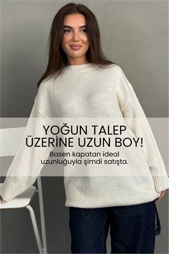 Ekru Bisiklet Yaka Oversize Uzun Kadın Triko Kazak MG2890