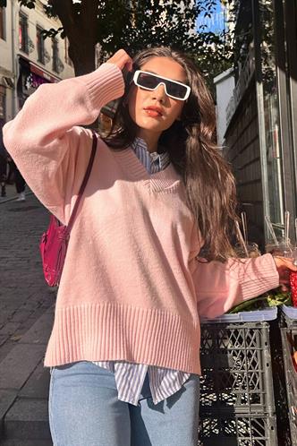 Pembe V Yaka Oversize Kadın Triko Kazak MG2149