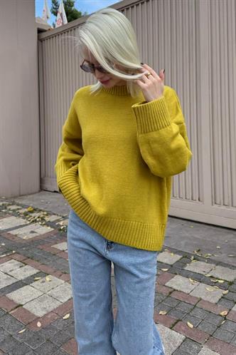 Yağ Yeşili Bisiklet Yaka Oversize Triko Kazak MG1972