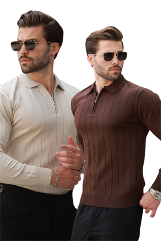 Kahverengi/Bej Polo Yaka Fermuarlı Örme Kazak 2Li Set 7242