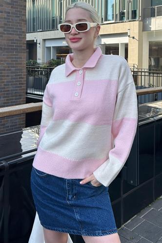 Pembe Düğmeli Polo Yaka Çizgili Kadın Kazak Mg2286