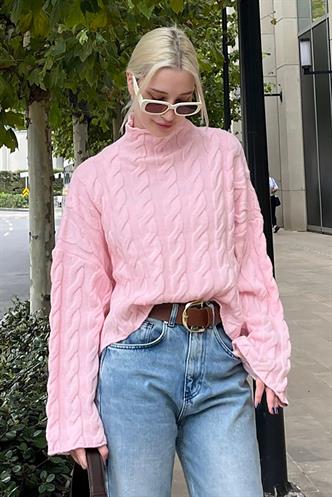 Pembe Balıkçı Yaka Örme Triko Kazak MG2172