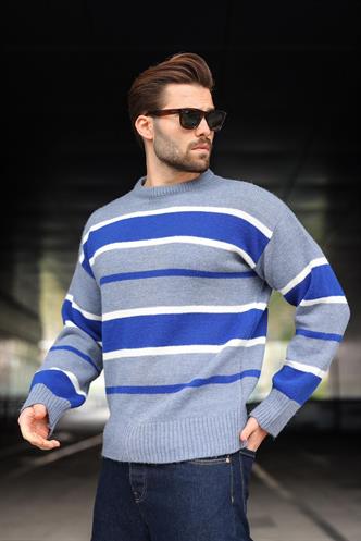 İndigo Çizgili Bisiklet Yaka Triko Erkek Kazak E7455