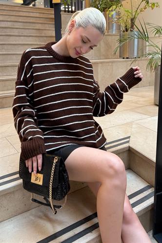 Kahverengi Çizgili Kadın Triko Kazak MG1262