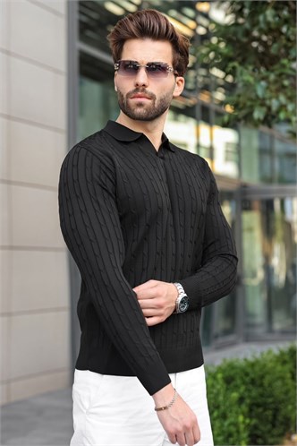 Siyah Polo Yaka Saç Örgü Desenli Erkek Triko Kazak E7519