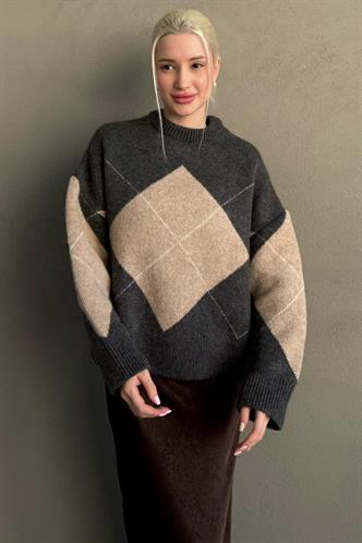 Antrasit Baklava Desenli Bisiklet Yaka Triko Kadın Kazak MG2644