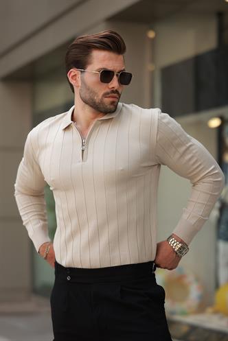 Bej Polo Yaka Fermuarlı Örme Kazak 7242
