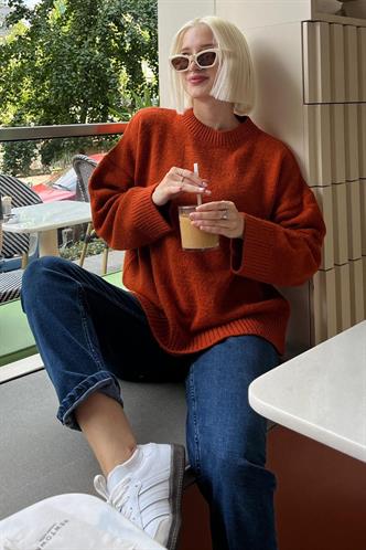 Kiremit Bisiklet Yaka Oversize Triko Kazak MG1972