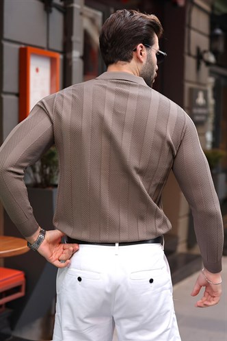 Açık Kahverengi Regular Fit Polo Yaka Triko Erkek Kazak E7509