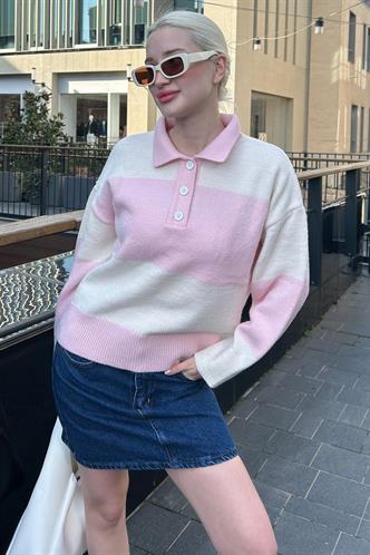 Pembe Düğmeli Polo Yaka Çizgili Kadın Kazak Mg2286