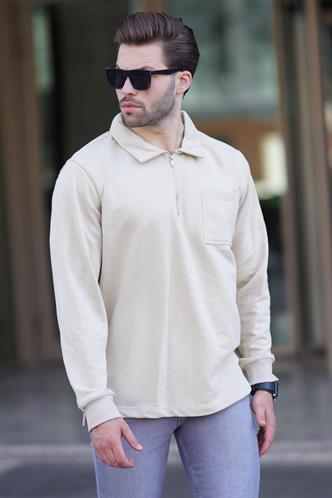 Bej Polo Yaka Fermuarlı Uzun Kollu Erkek Sweatshirt 7057
