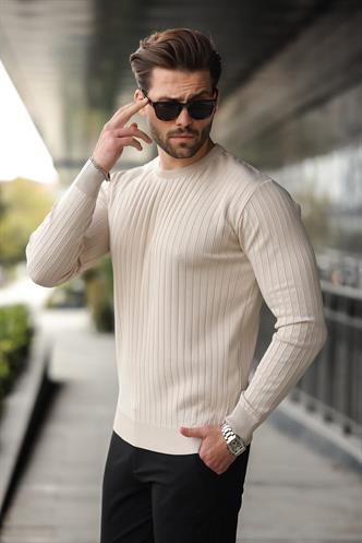 Taş Rengi Bisiklet Yaka Çizgili Uzun Kollu  Kazak E7273