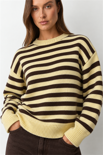 Sarı Çizgili Bisiklet Yaka Oversize Kadın Kazak MG2894