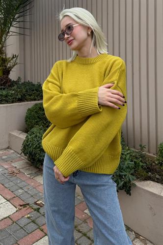 Yağ Yeşili Bisiklet Yaka Oversize Triko Kazak MG1972