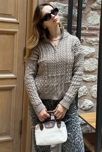 Vizon Dik Yaka Fermuar Detaylı Örme Kazak MG2229