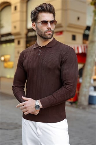 Kahverengi Düğmeli Polo Yaka Desenli Over Fit Erkek Triko Kazak E7520
