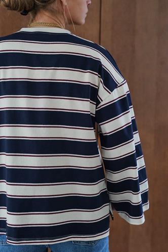 Lacivert Bisiklet Yaka %100 Pamuklu Çizgili Uzun Kollu Tişört MG2362