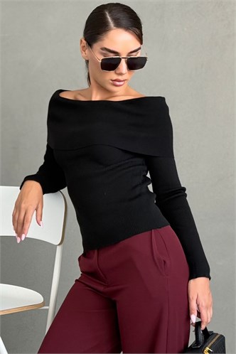 Siyah Madonna Yaka Uzun Kollu Triko Kazak MG2184