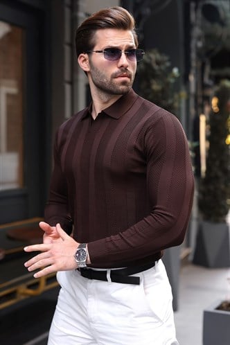 Kahverengi Regular Fit Polo Yaka Triko Erkek Kazak E7509