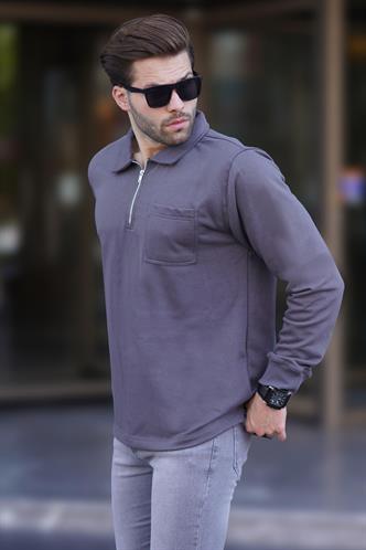 Füme Polo Yaka Fermuarlı Uzun Kollu Erkek Sweatshirt 7057
