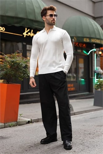 Beyaz Polo Yaka Slim Fit Erkek Triko Kazak E7527