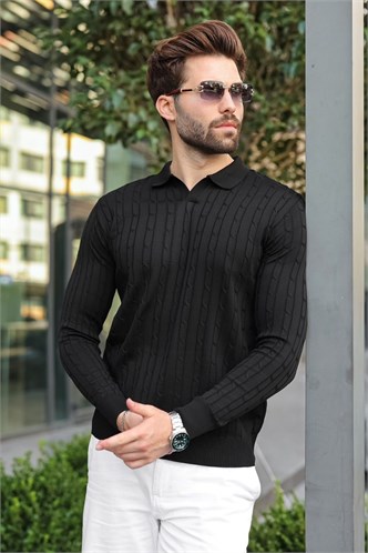 Siyah Polo Yaka Saç Örgü Desenli Erkek Triko Kazak E7519