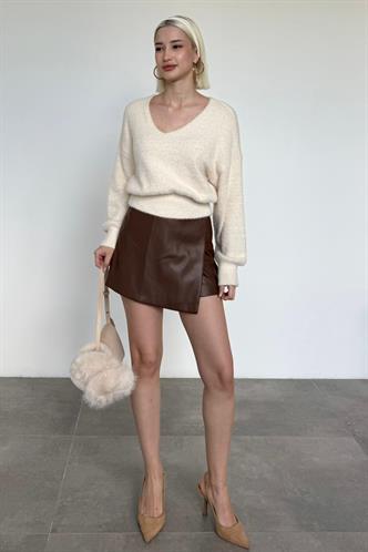 Vanilya V Yaka Yumuşak Dokulu Kadın Kazak Mg2499