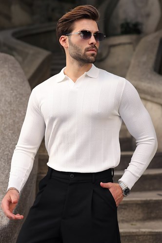 Beyaz Regular Fit Polo Yaka Triko Erkek Kazak E7509
