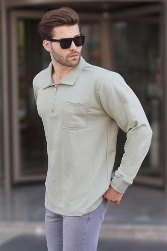 Mint Yeşili Polo Yaka Fermuarlı Uzun Kollu Erkek Sweatshirt 7057