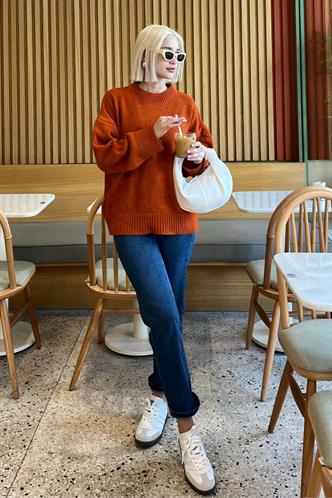 Kiremit Bisiklet Yaka Oversize Triko Kazak MG1972