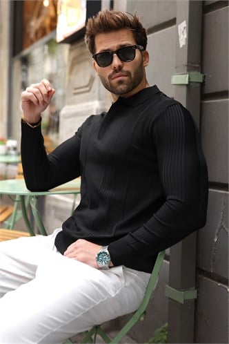 Siyah Polo Yaka Slim Fit Erkek Triko Kazak E7527