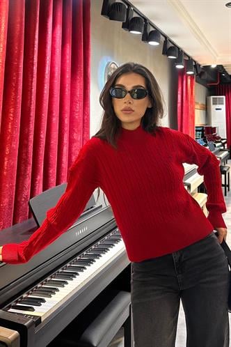 Kırmızı Yarım Balıkçı Yaka Örgülü Triko Kadın Kazak MG2257