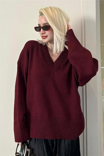 Koyu Bordo V Yaka Oversize Kadın Triko Kazak MG2149