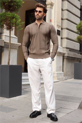 Açık Kahve Polo Yaka Slim Fit Erkek Triko Kazak E7527