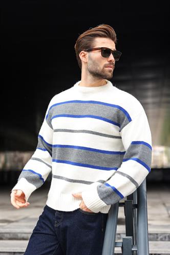 Kemik Rengi Çizgili Bisiklet Yaka Triko Erkek Kazak E7455