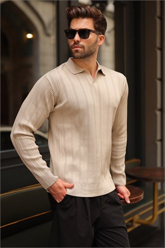 Taş Rengi Polo Yaka Desenli Over Fit Erkek Triko Kazak E7517