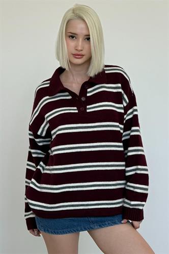 Bordo Polo Yaka Çizgili Kadın Triko Kazak Mg2469
