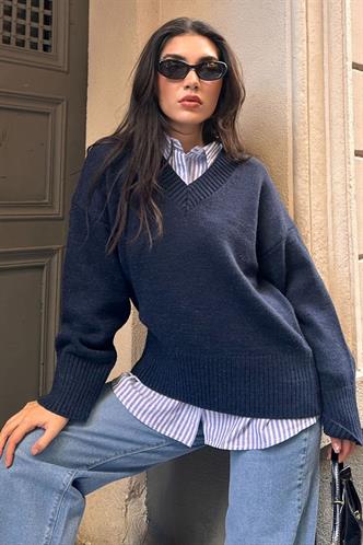 Lacivert V Yaka Oversize Kadın Triko Kazak MG2149