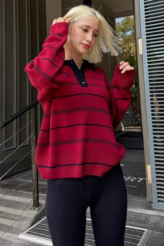 Bordo Çizgili Polo Yaka Kadın Kazak Mg2476