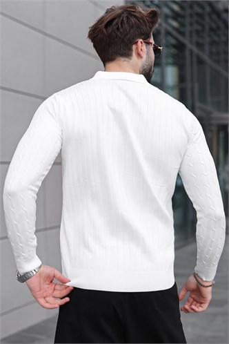 Beyaz Polo Yaka Saç Örgü Desenli Erkek Triko Kazak E7519