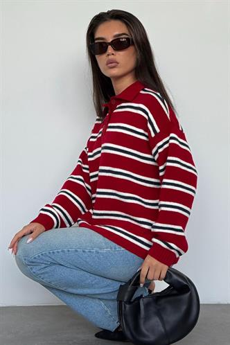 Kırmızı Polo Yaka Çizgili Kadın Triko Kazak Mg2469